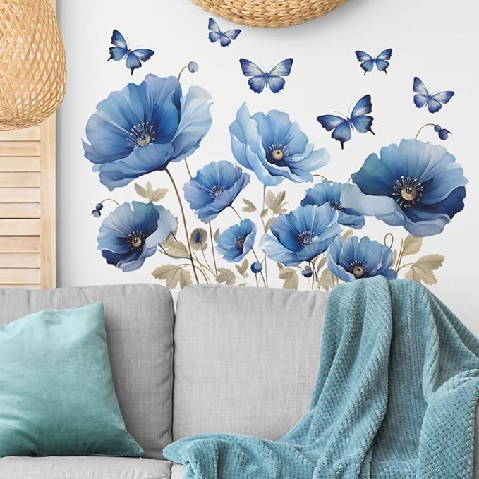 Blue Flower Wall Decals Peel and Sticker DIY Floral Butterly Wall Stcikers Murals for Girls Bedroom, Living Room, Kids Room Wall Decor