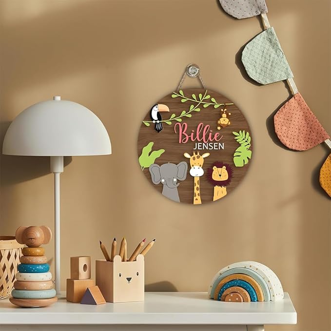 Custom Jungle Animal Name Sign – Personalized Wooden Wall Decor for Nursery or Playroom – Door Wreath with Safari Animals Wall Art, Bedroom Door Sign