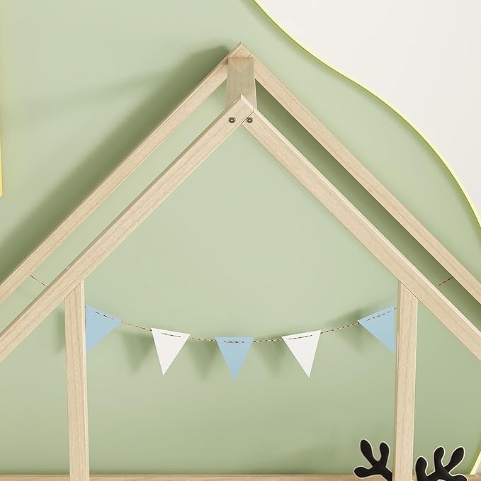 Casaphoria Twin Size House-Shaped Montessori Bedframe, Solid Pine Wood Kids Bed Frame, Toddler Floor Bed with Door & Fence for 1-3 Years Old Kids, Natural