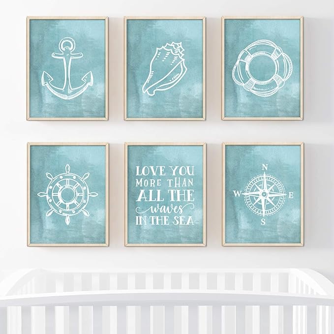 Andaz Press Ocean Nautical Sailor Theme Nursery Kids Bedroom Hanging Wall Art Decor, 8.5x11-inch, Watercolor Aqua Blue, Compass, Anchor, Shell Graphics, 6-Pack, Unframed Room Poster