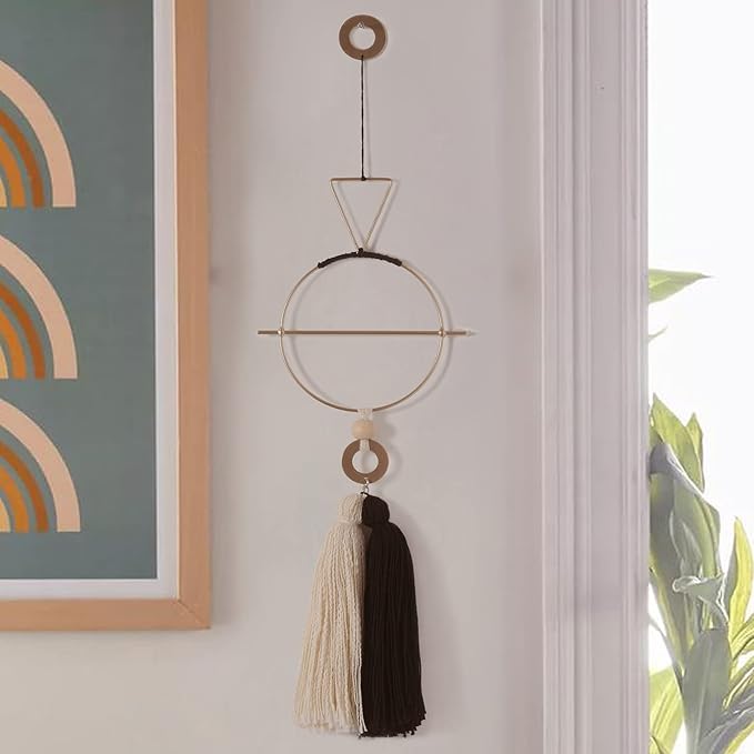 IOWER Boho Wall Decor Gold And Black Macrame Wall Decor Brass Wall Art Cute Home hanging Wall Decor For Living Room 15.7" H