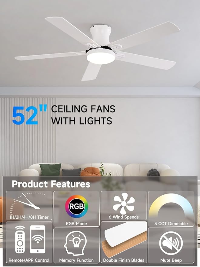 52 Inch Ceiling Fans with Lights, RGB Ceiling Fan with Remote and App,Flush Mount Low Profile, Dimmable 35W LED, Reversible, Smart Ceiling Fan for Bedroom Nursery Living Room Apartment,White