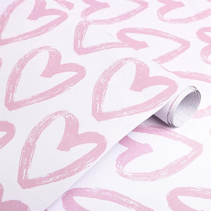 Timeet 17.7In x 196.8In Pink Wallpaper Heart Wall Paper Peel and Stick Modern Self Adhesive Removable Contact Paper Cabinets Wallpaper for Bedroom Kids Room Eco-Friendly Wallpapers