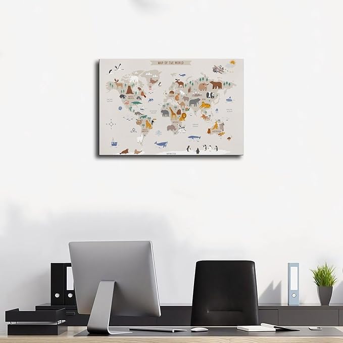 KIPNG Kids World Map - Playroom Animal World Map - Nursery Educational Poster Canvas Poster Wall Art Picture Paintings for Living Room Bedroom Decoration Unframe-style16x24inch(40x60cm)