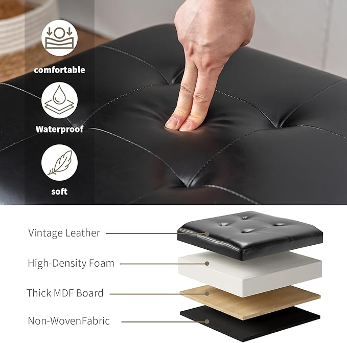Adeco Storage Ottoman Foot Rest Stool, Leather Ottoman Footstool with Solid Wood Legs and Hinged Lid, 17.7" Small Foot Stool for Living Room, Bedroom