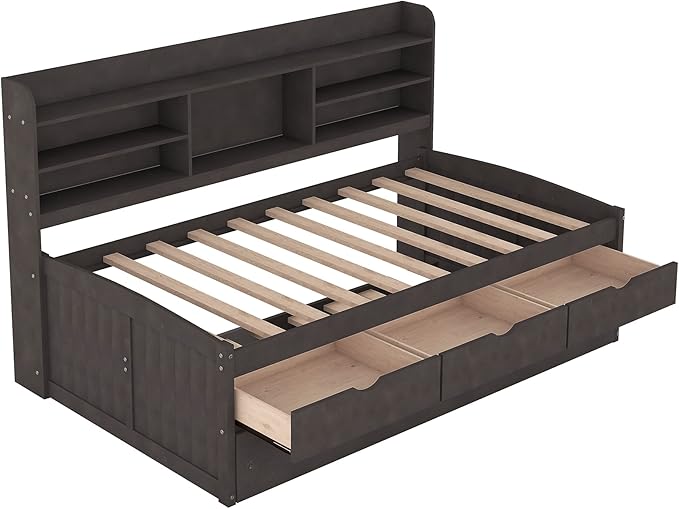 Harper & Bright Designs Twin Size Captain Bed with Built-in Bookshelves/3 Storage Drawers/Trundle, Wooden Twin Daybed Bed Frame for Kids Teens Dorm Bedroom Multipurpose Guest Room, Antique Gray