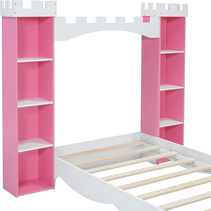 Castle-Shaped Wooden Platform Bed with Storage Shelf, Dreamy Twin Size Kids Platform Bed for Girls Boys Bedroom, Sturdy Slats Support (Pink+White Castle)