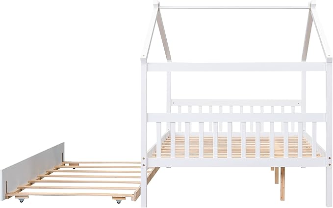Merax Full Size Wooden House Bed with Trundle, Wood Bed Frame with Roof for Kids, Teens, Boys or Girls, White