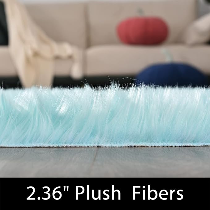 Latepis Fluffy Light Blue Round Rug 5ft Faux Fur Fluffy Washable Rugs Shag Circle Rugs for Living Room Bedroom Plush Throw Rug Room Decor