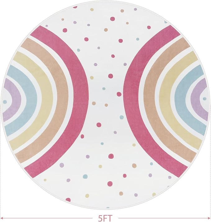 STARUIA Colorful Rainbow Rug for Nursery, 5 Ft Machine Washable Rug for Kids Room, Large Round Rugs for Girls Bedroom, Circle Kids Rugs Soft Polka dot Carpet for Classroom Playroom Tent