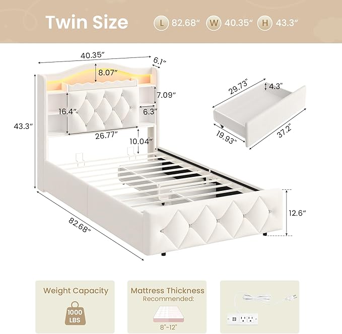 DICTAC Twin Size Bed Frame for Kids with Storage Drawers, Bookcase Headboard, LED Lights and Power Outlets, Diamond Tufted Velvet Upholstered Princess Platform Bed, Heavy-Duty Metal Support, Beige