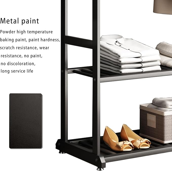 Heavy duty clothes rack,black Clothing rack,metal Garment rack with bottom shelves and 6 Side Hooks for Hanging Clothes, Coats, Shirts(L:31.5IN)