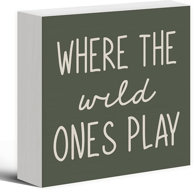 Where The Wild Ones Play Green Wood Box Sign Desk Decor 5X5, Nursery Kids Room Wooden Block Sign Decorations for Playroom Toddler Boys Girls Room Wall Tabletop Shelf Decor