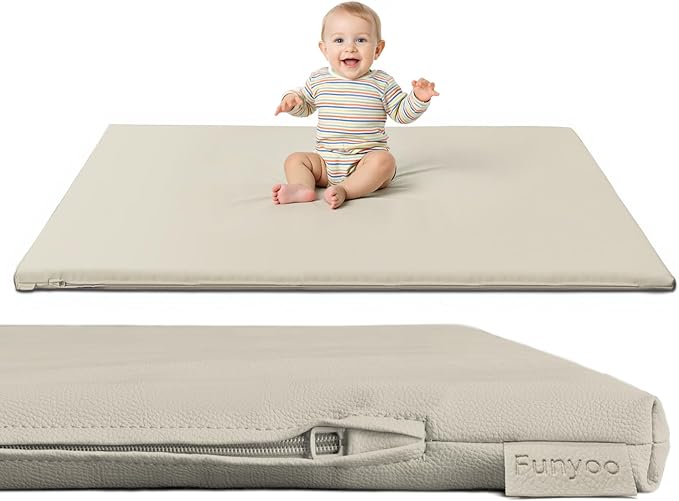 Padded 50" ×50" Large Baby Play Mat for Floor, 1.2" Thick Memory Foam Playmat with Soft Vegan Leather Cover, Cushioned Play Mat for 50" x50" Playpens, Grey