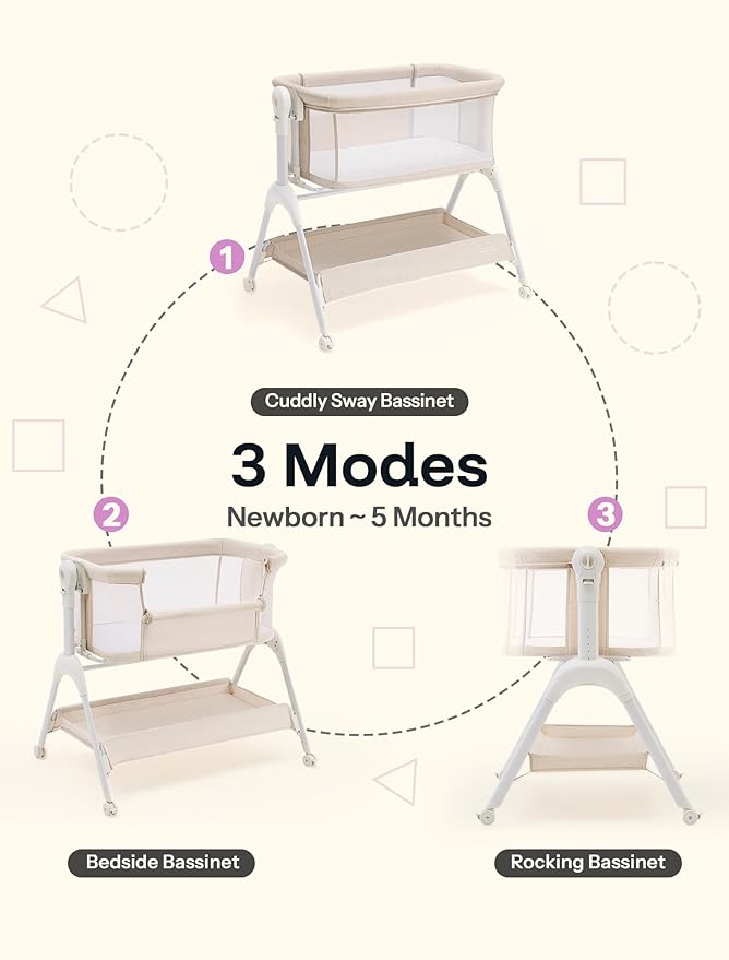 HARPPA Cuddly Baby Bassinet Bedside Sleeper, 3 in 1 Rocking Bassinet with Mattress and Soft Cover, Full Mesh Sides, 5 Height Adjustable with Wheels for Newborns, Beige