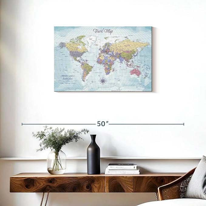 ElephantStock - Push Pin Travel Map World I Wall Art - Horizontal Canvas Wall Art - Living Room Wall Decor - Printmaking Map Canvas Art - Blue And Beige Decor - 30" x 20"