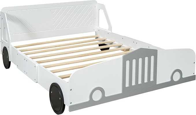 Full Size Car-Shaped Platform Bed with Wheels, Solid Wood Car Bed Frame with Strong Slatted Support for Kids Teens Boys Girls Bedroom, Fun Play Design Kids Floor Bed (White-WL55)