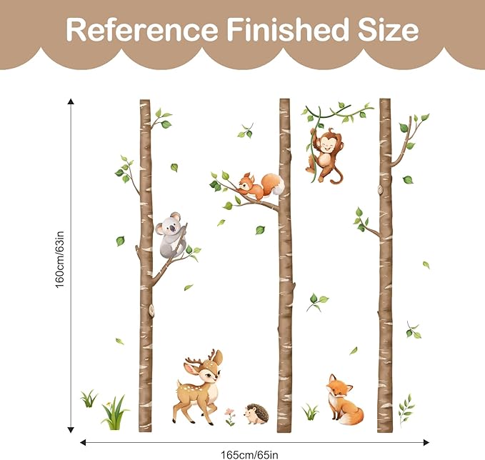 Tanlaby Large Birch Tree Forest Animals Wall Stickers Woodland Brown Trees Wall Decals Deer Fox Monkey Sticker Peel and Stick Art Decor for Baby Nursery Kids Toddler Bedroom Playroom Classroom