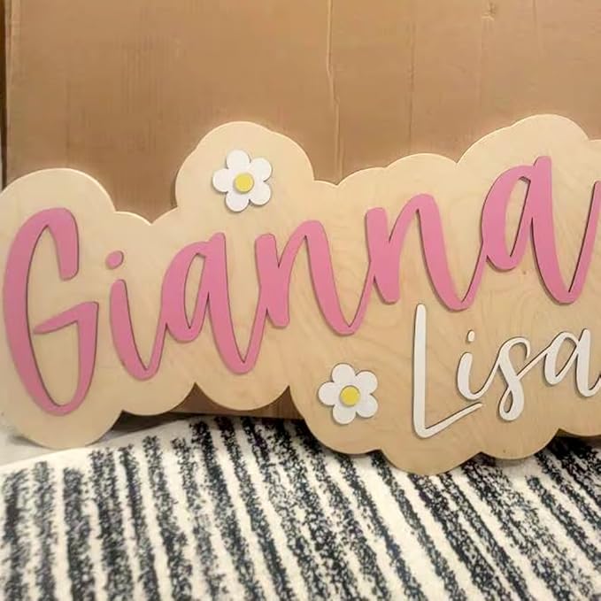Personalized Nursery Name Sign, Custom Wooden Name Sign with Flowers, 3D Layered Wood Wall Decor for Baby Girl Room, Boho Floral Kids Room Name Plaque, 2 Layer /2