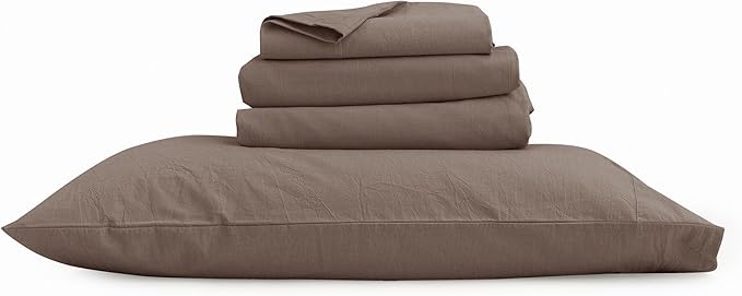 BESTOUCH Sheet Set 100% Washed Cotton Linen Feel Super Soft Comfortable Chic Lightweight 4 Pcs Home Bedding Set Solid Pine Bark Brown King