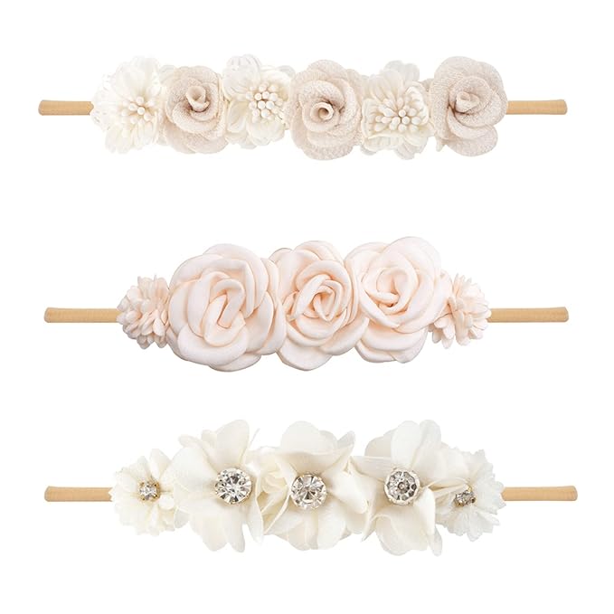 Baby Girl Floral Headband Nylon Flower Crown Elastic Hairband 3pcs Hair Accessories Gift for Girls, YM6, stretchy size
