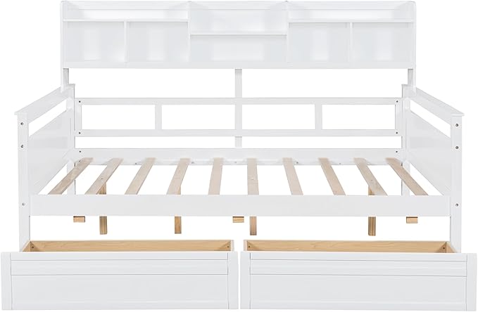 Harper & Bright Designs Full Daybed with Storage, Wooden Full Size Bed Frame with Bookcase Headboard and 2 Drawers, Full Sofa Bed with Shelves for Living Room Bedroom, No Box Spring Need, White