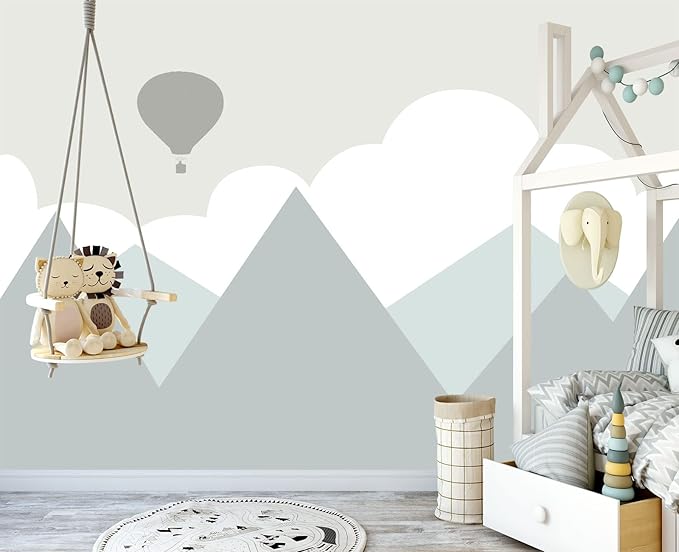 Cartoon Hot air Balloon Mountain Peak Baiyun Children's Nursery Wall Mural Wallpaper 137" x 100"