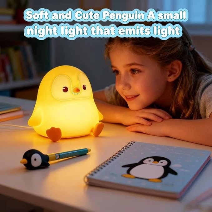 Cute Penguin Night Light for Kids Bedroom, Animal Silicone Nursery Night Lamp Touch Control Nightlights USB Rechargeable Bedside Lamp for Baby Children Toddlers Girls Gift