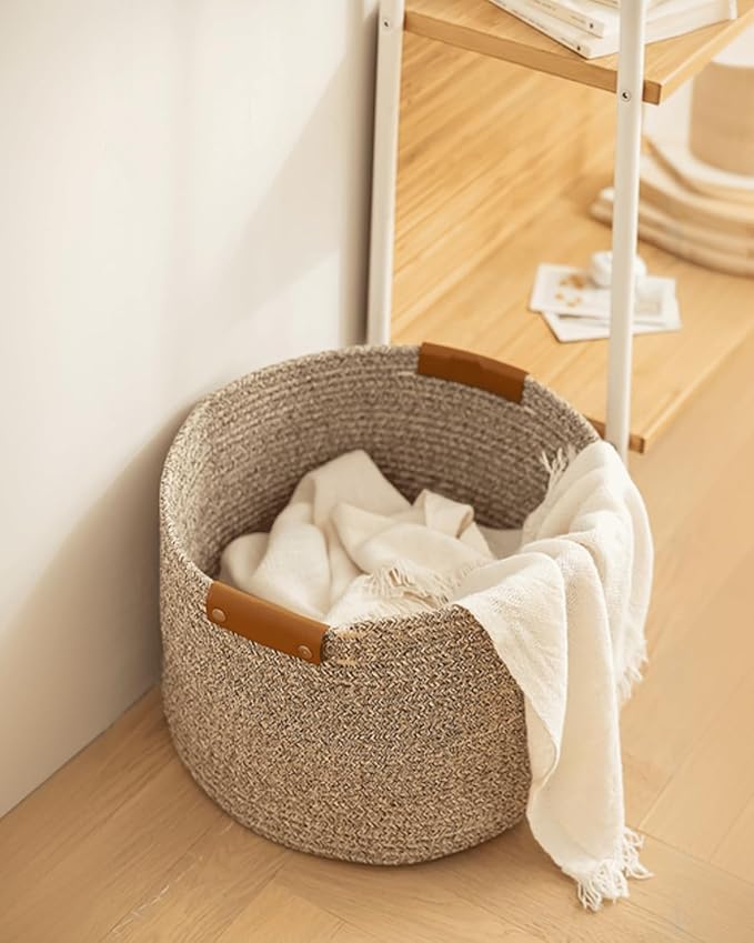 Small Cotton Woven Basket with PU Leather Handle, Baby Kids Clothes Toys Candy Gifts Cotton Rope Organizer, for Living Room Bathroom Shower Storage Laundry, Dog Cat Bed, Cute Decor, White