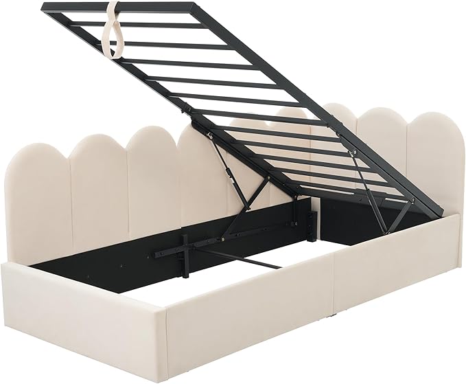 Merax Modern Upholstered Lift Up Sofa Day Bed with Headboard, Velvet Platform Bed Frame with Hydraulic Storage, No Box Spring Needed/Easy Assemble Twin, Beige