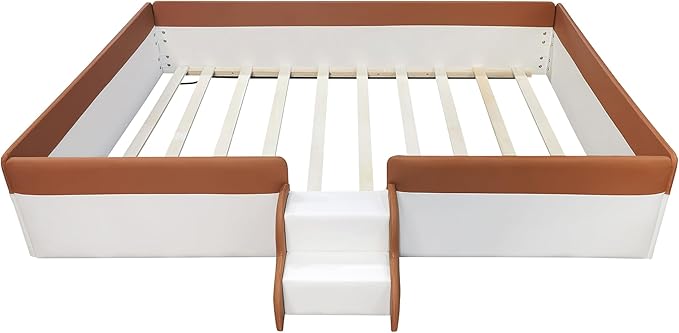 Full Size Upholstered Daybed Frame with Fence and Stairs, Montessori Kids Floor Bed with Sturdy Slat Support for Kids Boys Girls (Brown+Full)
