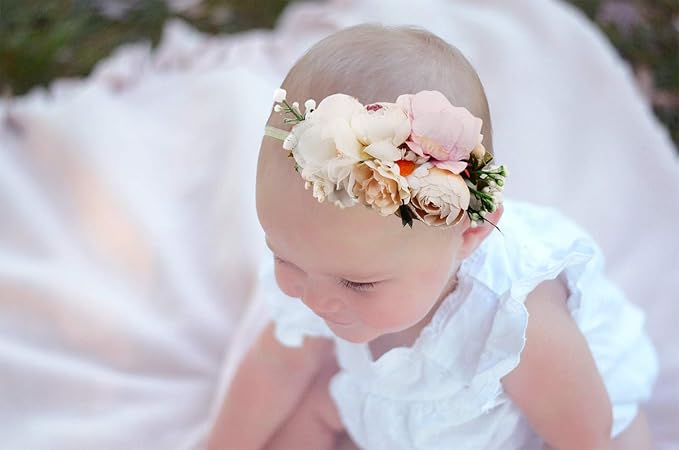 Baby Girl Floral Headbands- 3pcs Nylon Headband Handmade Flower Crown Elastic Hairband Newborn Toddler Hair Accessories Gifts for Girls （1-6 years old）