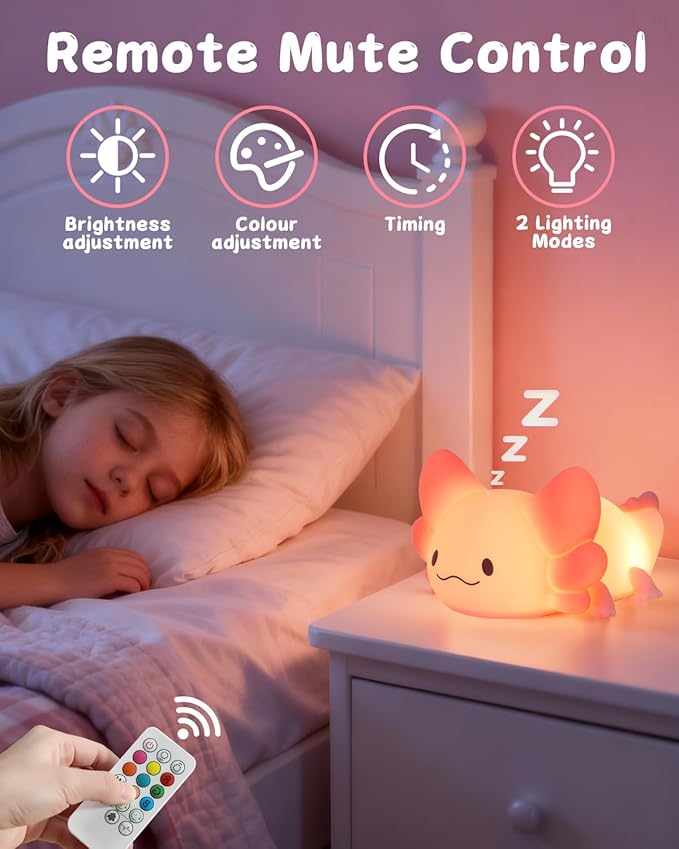 ZKLiLi Remote Axolotl Kids Nightlight,Cute Lamp Dimmable Axolotl Night Light Gifts with Timer & 16 Colors,Rechargeable Bedroom Smart LED Bedside Lamps Toddler Night Light（Remote）