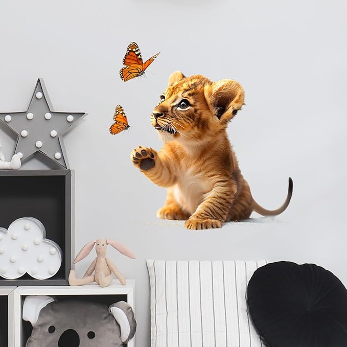 Baby Lion and Butterflies Wall Decals Removable African Animal Vinyl Stickers for Nursery Kids Bedroom and Playroom Realistic Decor Peel and Stick Wall Art