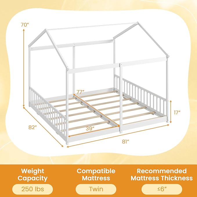 Giantex Double Twin Floor Beds for 2 Kids, Wood Montessori Bed with Fence & Roof, Wooden Slat Support, Easy Assemble, No Box Spring Needed, for Twins, Girls, Boys, White