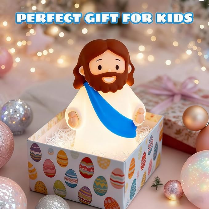 Jesus Night Light Rechargeable Bedside Night Light Dimmable Silicone LED Light Ideal for Religious Gatherings, Gifts for Sunday School, Baptism Presents, Easter Egg Decorations (Blue)