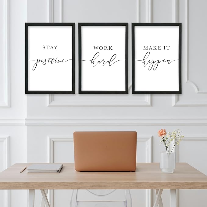 YWJKWLGS Inspirational Office Wall Art Set 11x16 Inch 3 piece Motivational Quotes Wall Decor Stay Positive Work Hard Make It Happen Signs for Home & Office Wood Framed Hanging (Black)