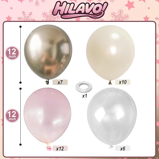 Dusty Pink and Gold Balloon, 12 Inch Double Stuffed Pearl Pastel Blush Pastel Pink Light White Metallic Gold Latex Balloons for Women Girls Birthday Baby Bridal Shower Wedding Boho Party Decorations