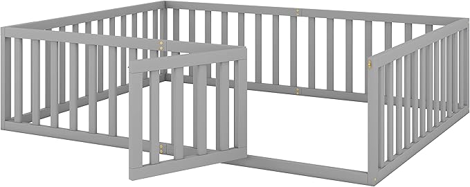 Merax Queen Floor Bed with Safety Guardrails and Door, Wood Montessori Floor Bed Frame for Kids, Queen Playhouse Bed Frame for Baby Girls and Boys, Grey