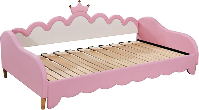 Twin Size Princess Extending Daybed with LED Lights for Kids Girls, Modern Upholstered Princess Daybed Frame with Crown Headboard, Pink Sleeper Sofa Bed for Bedroom, Guest, Study Room (Pink)