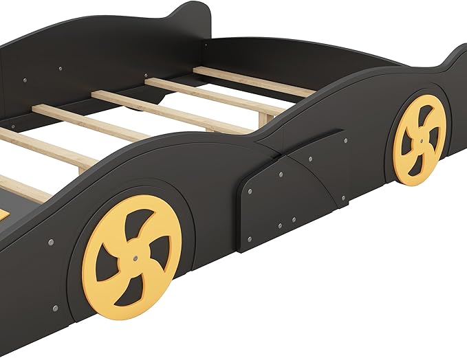Full Size Race Car-Shaped Platform Bed with Wheels,Kids Full Bed Frame W/Storage Space & Guardrails,Race Car Bed for Boys Toddlers Child's Bedroom,Black+Yellow