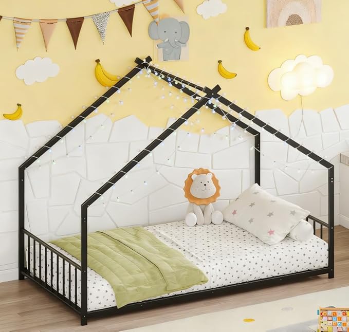 Bellemave Twin Size Montessori Floor Beds with Slats for Kids, Metal Twin House Bed for Kids, Black with Slats and Lights