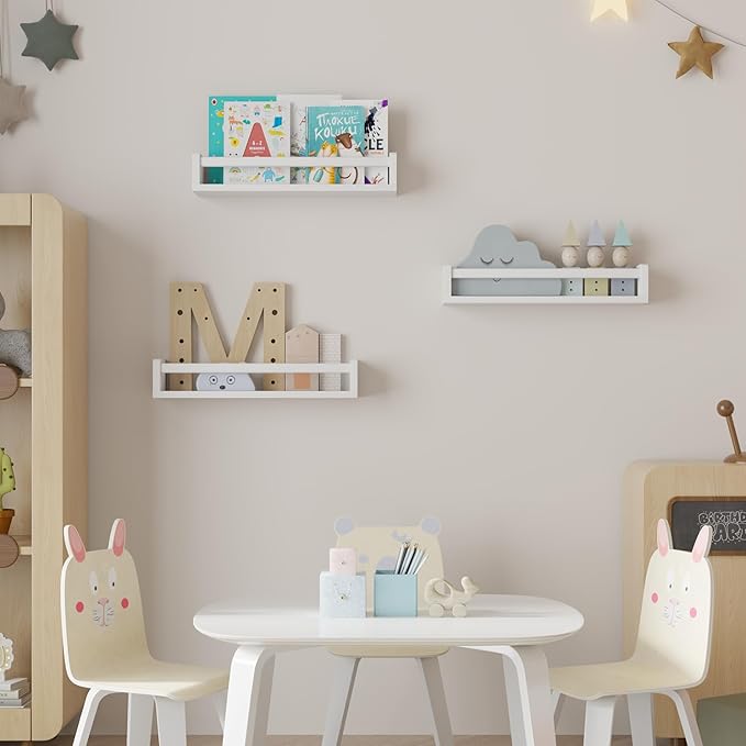 Heimlove Nursery Floating Shelves, White Nursery Book Shelves for Wall, 16 inch Wall Bookshelf for Kids Solid Wood Shelves for Books,Toys and Decor Storage, Set of 3