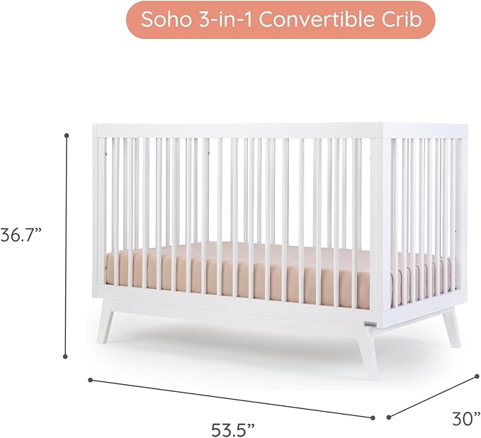 dadada Baby Soho 3 in 1 Convertible Wooden Crib to Toddler Bed - Made in Italy, GREENGUARD Gold Certified, Baby-Safe Finish, Sustainable Beech Wood, Modern Design, 3 Adjustable Heights (White)