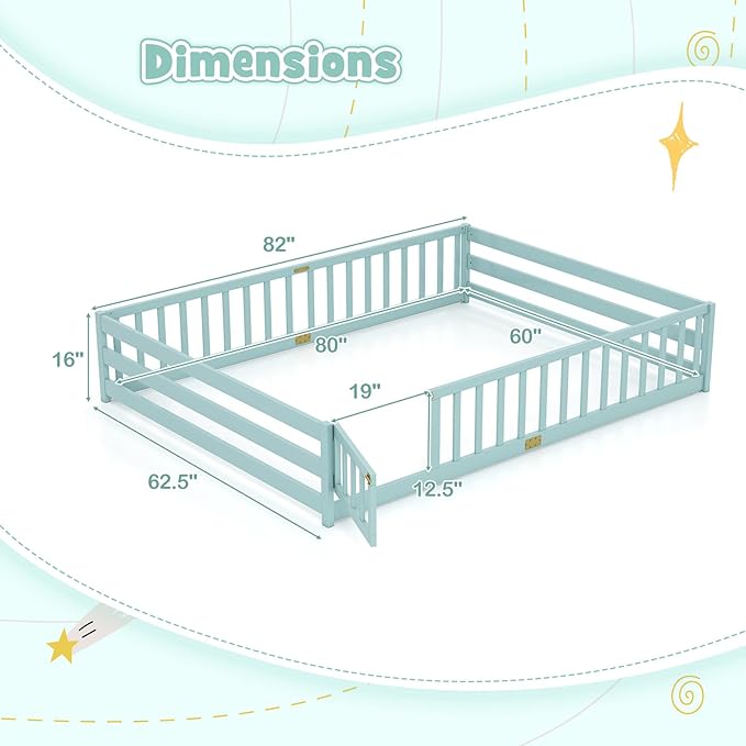 KOMFOTT Queen Size Wood Floor Bed with Door & Fence, Montessori Bed Frame with Full Length Safety Guardrails, Door & Latch, Wooden Montessori Floor Bed for Kids, Girls, Boys (Queen,Green)