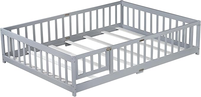 Full Size Floor Bed for Kids, Wood Montessori Floor Beds with Fence Railings, Door & Slats Support, Full Playhouse Bed Frame for Boys Girls, No Box Spring Needed, Gray