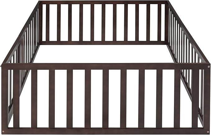 Merax Full Floor Bed with Safety Guardrails and Door, Wood Montessori Floor Bed Frame for Kids, Full Playhouse Bed Frame for Baby Girls and Boys, Walnut