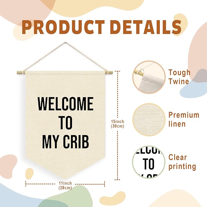 Welcome to My Crib Pennant Flag Banner, Funny Flags for Room, Wall Hanging Pennant Flag Banner Decor for Nursery Bedroom Living Room