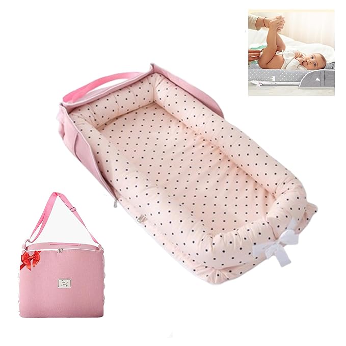 Baby Lounger for Newborn Portable Bag,Baby Nest Play Gym mat with Strap,Newborn Lounger Adjustable Size & Inner Zipper Lengthen Space to 24 Months(Pink Polka Dots)