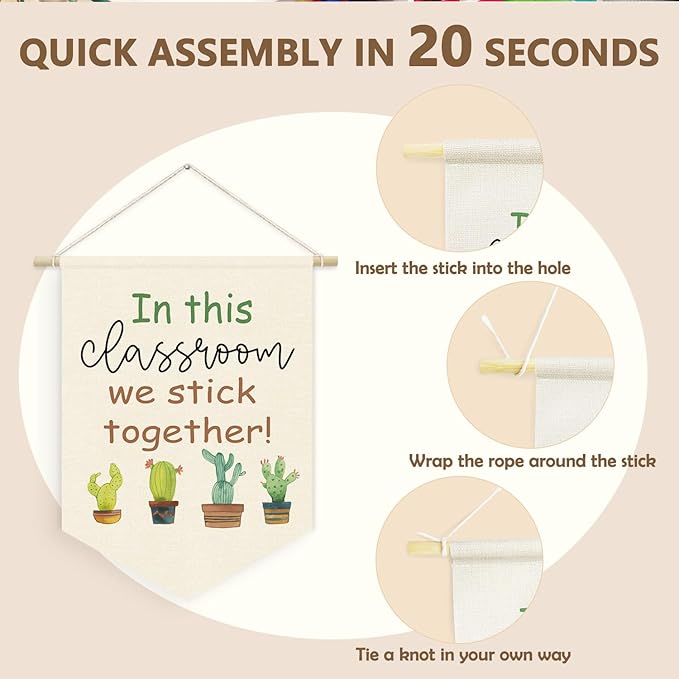 Plant Classroom Decor, in This Classroom We Stick Together Linen Canvas Banner, Teacher Must Haves, Positive Affirmations Wall Hanging Pennant Flag Banner for Preschool Homeschool Decor, 15x11in